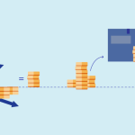 Getekende afbeelding van stapeltjes muntgeld die van positie verwisselen en op de achtergrond een blauwe envelop van de belastingdienst